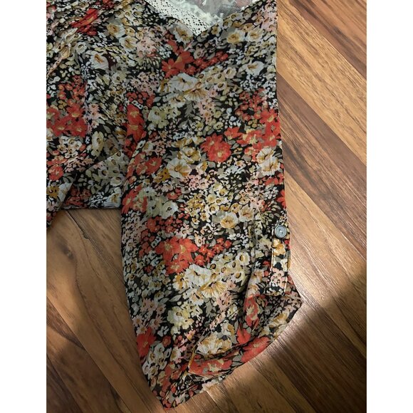 American Rag Cie Plus 2X Floral Boho Peasant Blouse Sheer Lace Yoke Button Front - Picture 10 of 15
